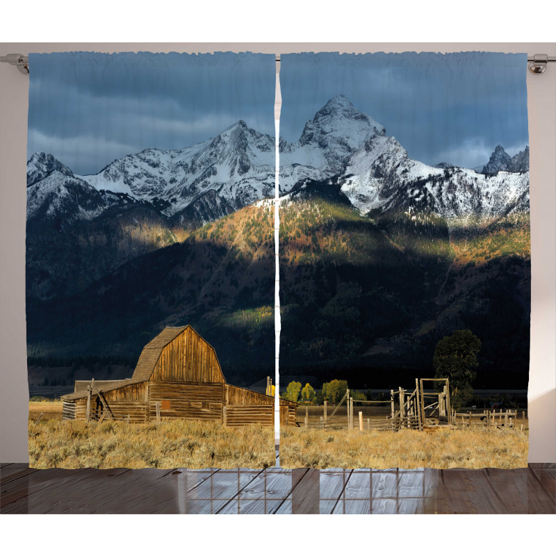 Rustic Wooden Hut Mountains Curtain