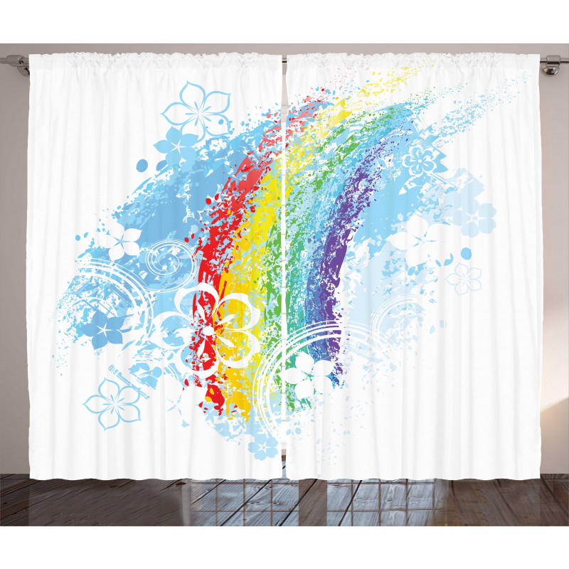Grungy Colorful Flowers Curtain