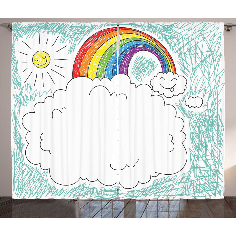 Childish Drawn Rainbow Sun Curtain