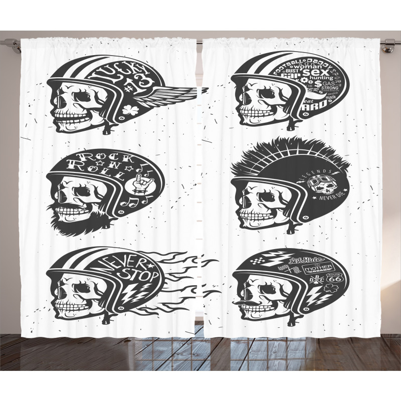 Greyscale Sketch Skulls Curtain