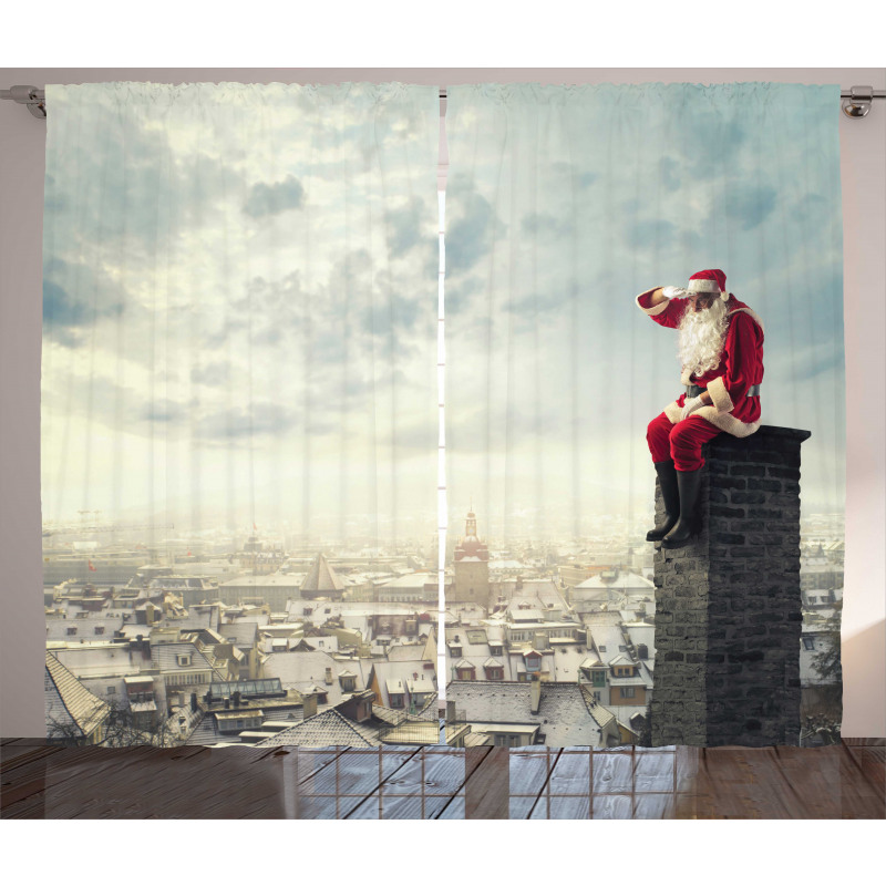 Santa Sits on Chimney Curtain