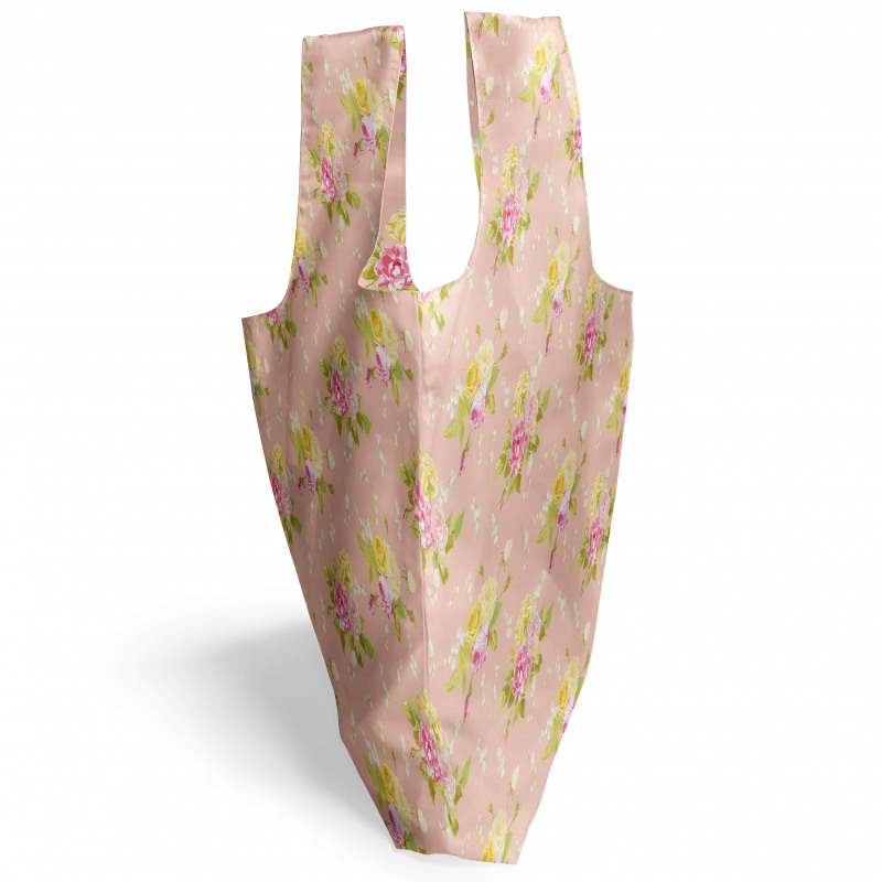 Çiçekli Alışveriş Çantası Pembe ve Sarı Gül Bitkileri Soft Desen