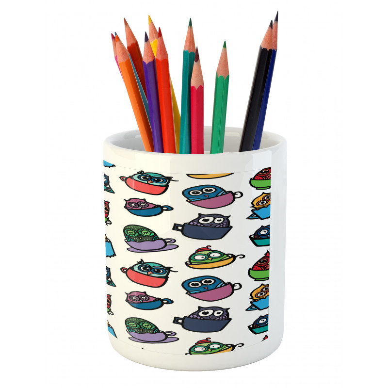 Funny Owl in Coffee Mug Pencil Pen Holder