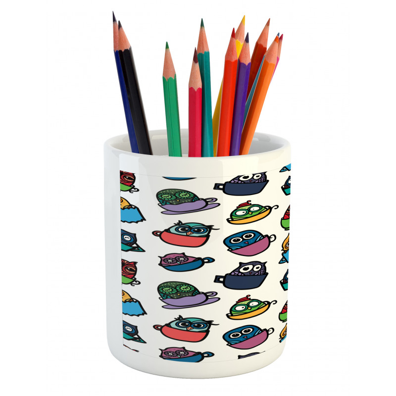 Funny Owl in Coffee Mug Pencil Pen Holder