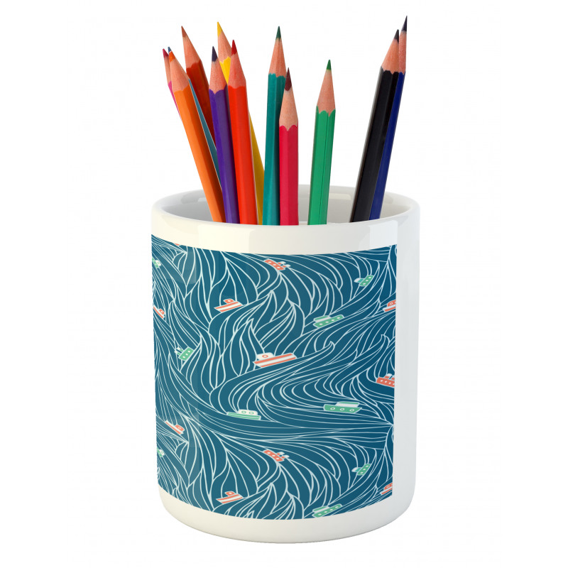 Waves and Ships Cartoon Pencil Pen Holder