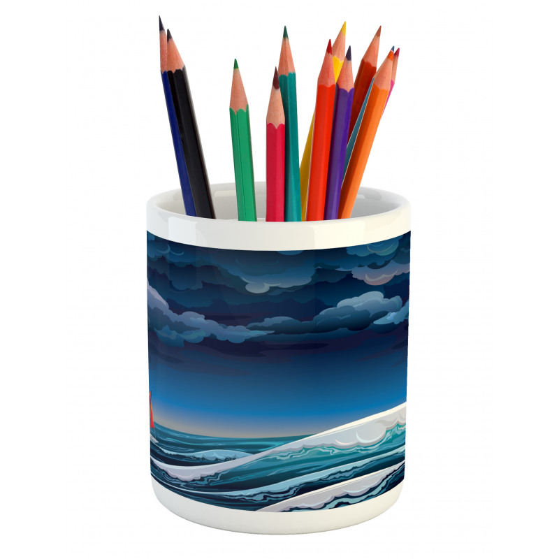 Night Seascape Boat Pencil Pen Holder