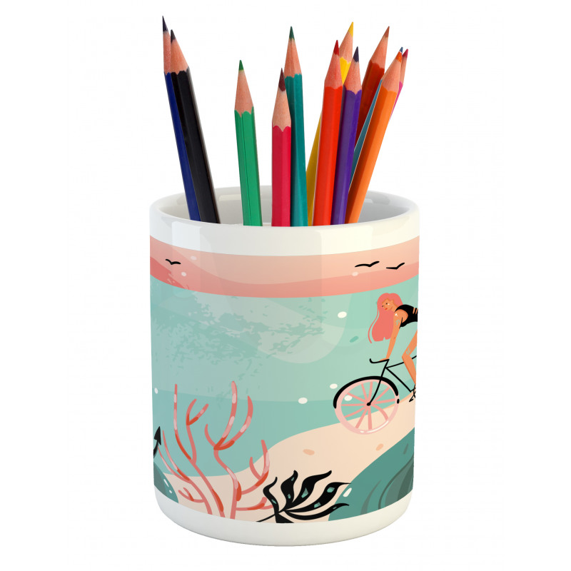 Woman Cycling in Sea Pencil Pen Holder