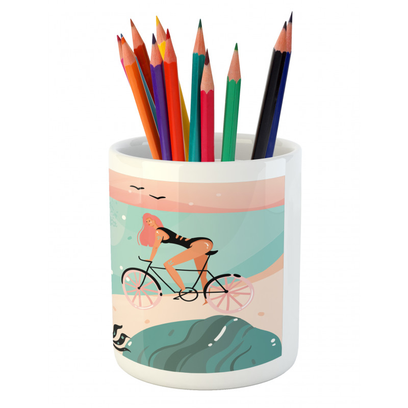 Woman Cycling in Sea Pencil Pen Holder