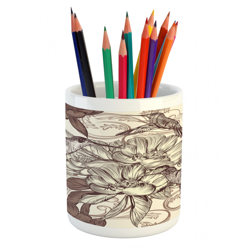 Bird Flowers Pattern Pencil Pen Holder