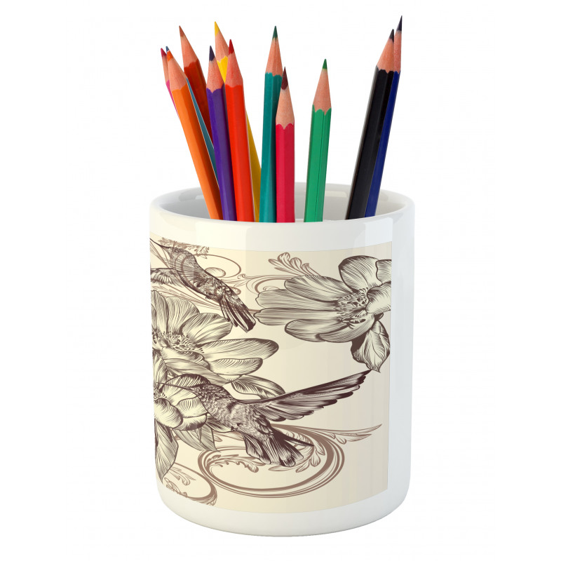 Bird Flowers Pattern Pencil Pen Holder