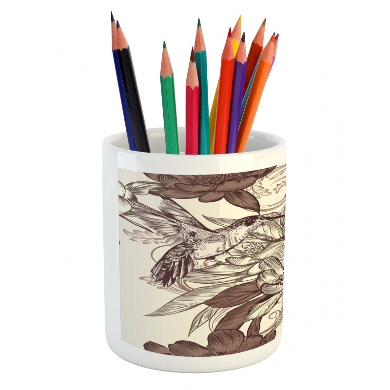 Bird Flowers Pattern Pencil Pen Holder