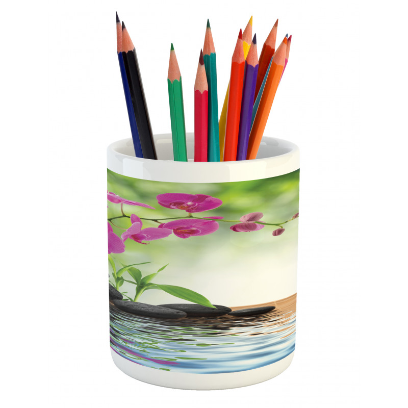 Bamboo Tree Orchid Stones Pencil Pen Holder