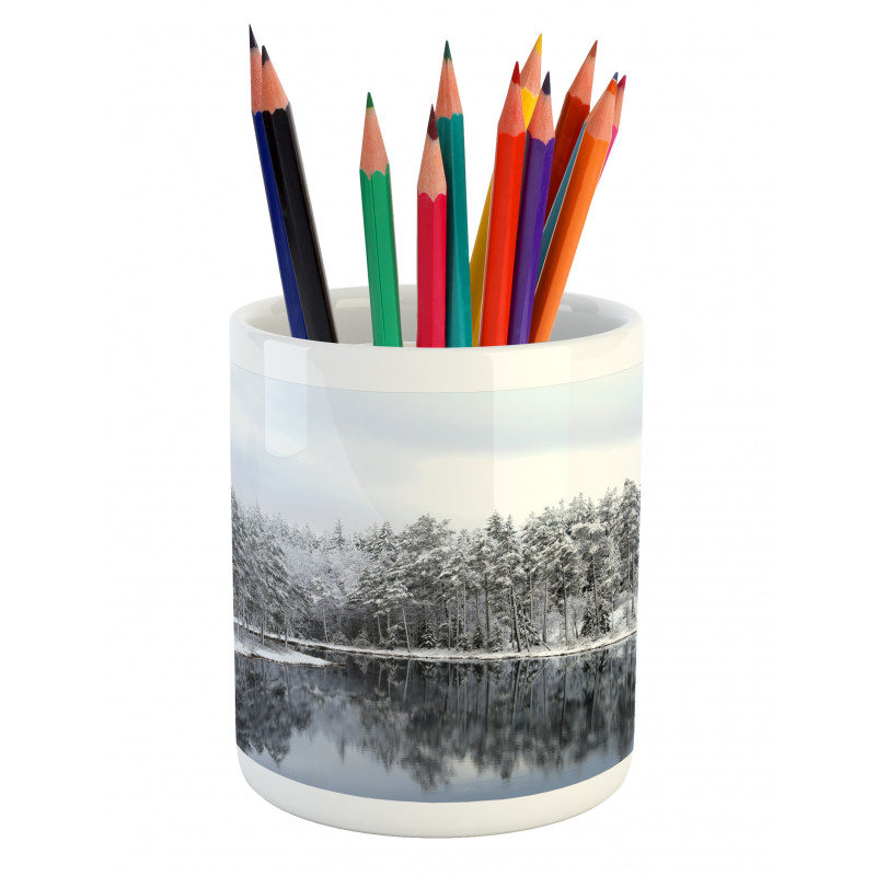 Trees in Cold Day Lake Pencil Pen Holder