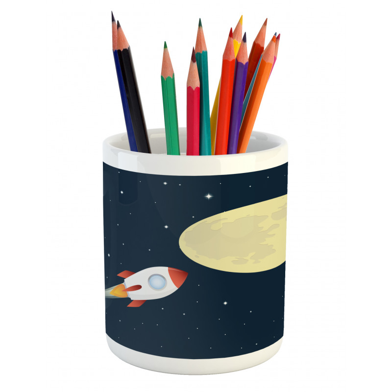 Flying Rocket and Moon Pencil Pen Holder