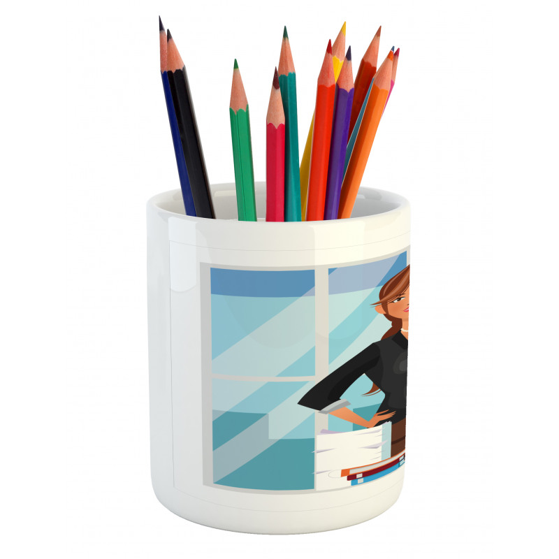 Businesswoman at Office Pencil Pen Holder