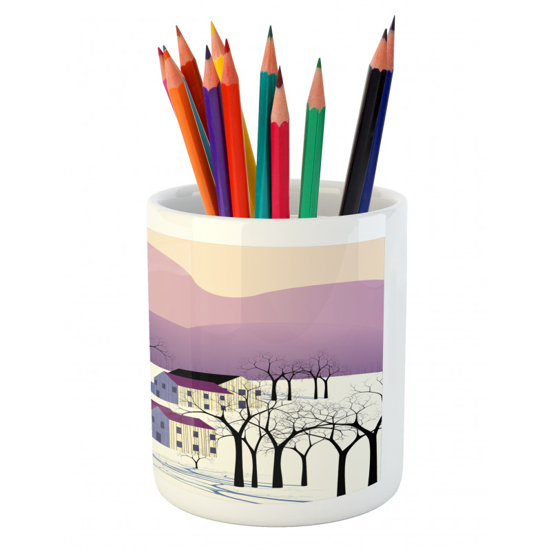 Graphical Village Scene Pencil Pen Holder