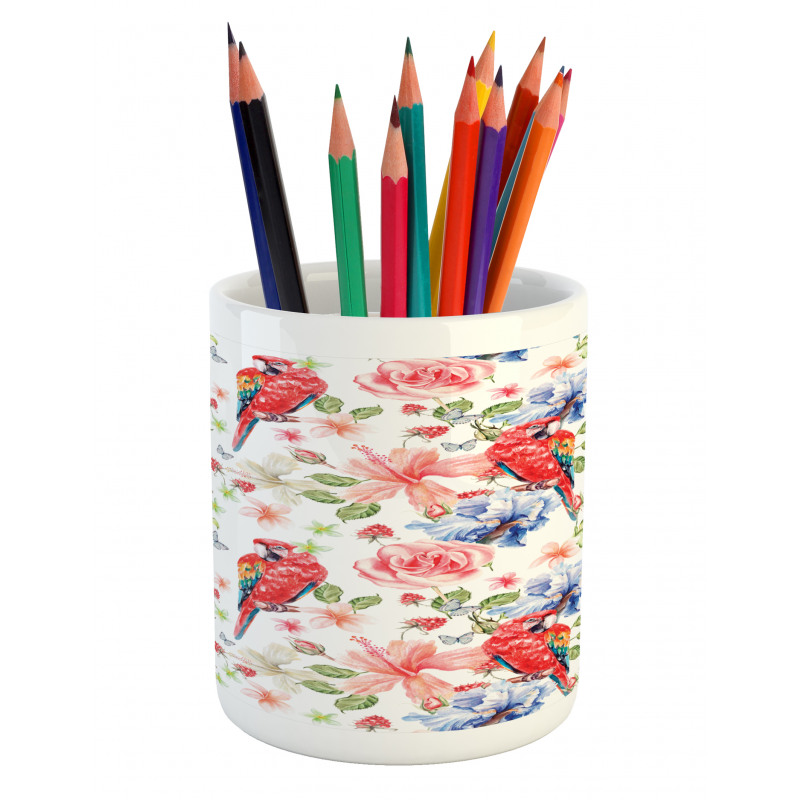 Parrots Iris and Roses Pencil Pen Holder