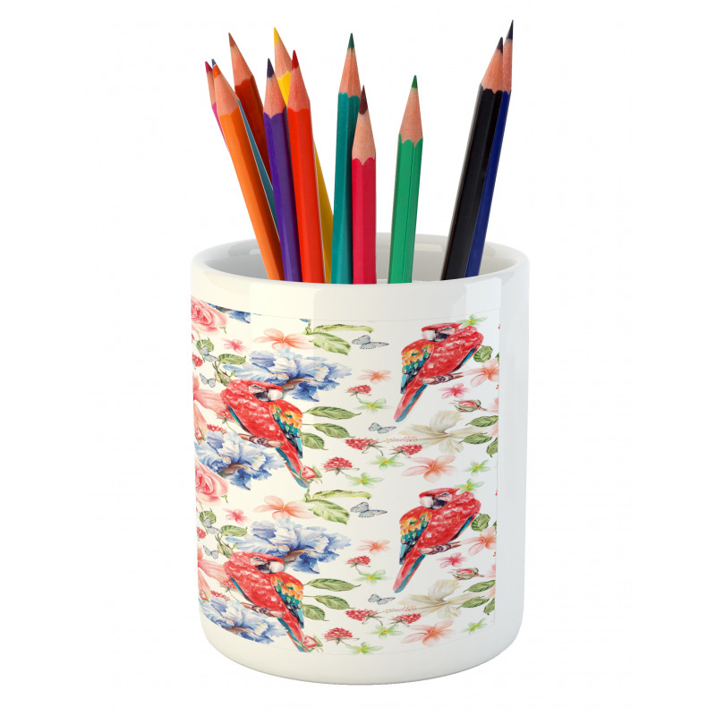 Parrots Iris and Roses Pencil Pen Holder