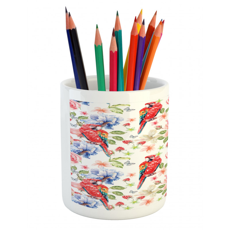 Parrots Iris and Roses Pencil Pen Holder