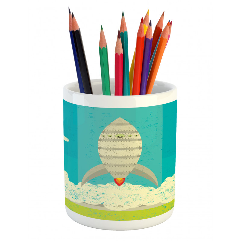 Flying Rocket Clouds Art Pencil Pen Holder