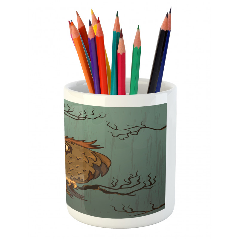 Tired Owl on Oak Tree Pencil Pen Holder