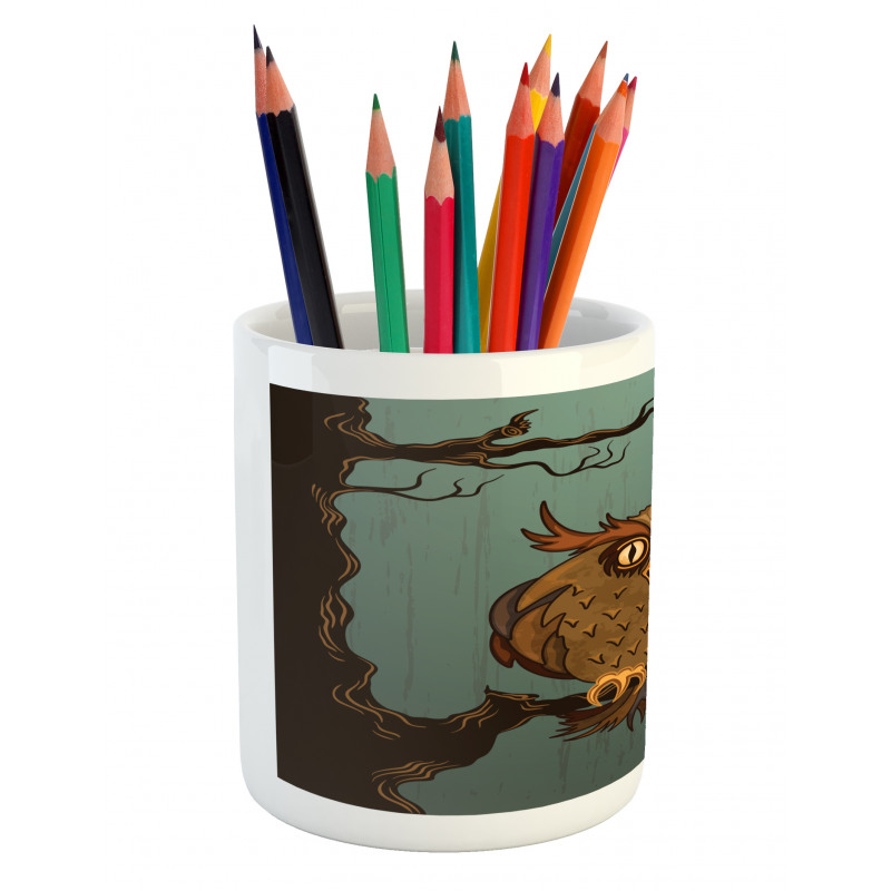 Tired Owl on Oak Tree Pencil Pen Holder