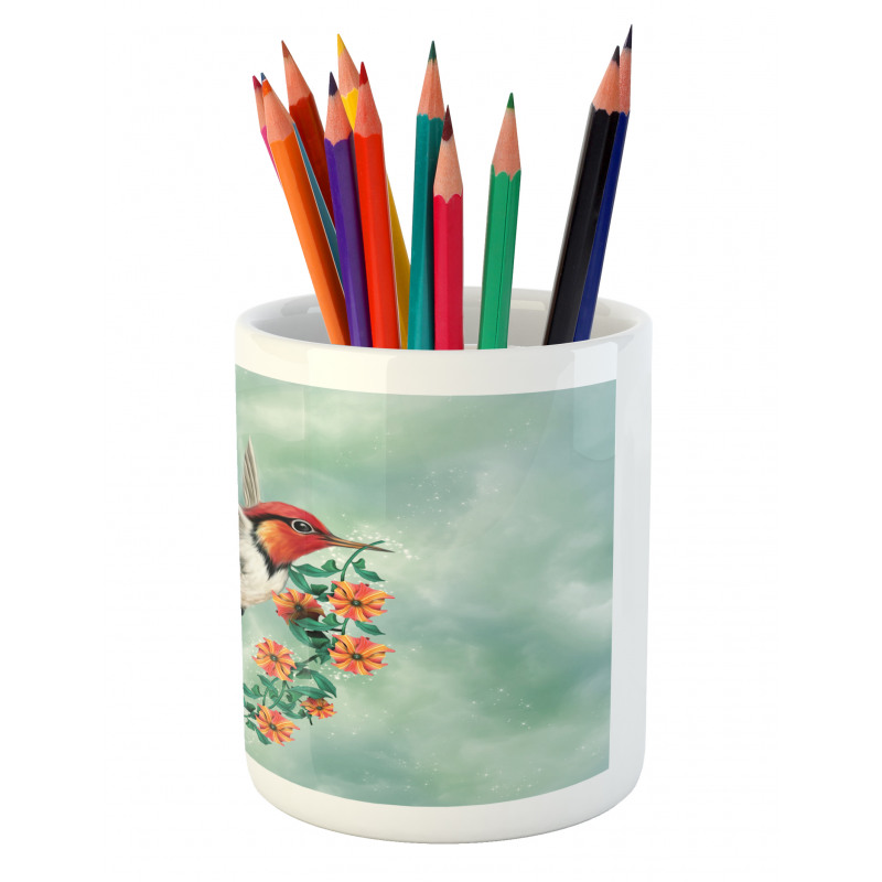 Bird with Flower Branch Pencil Pen Holder