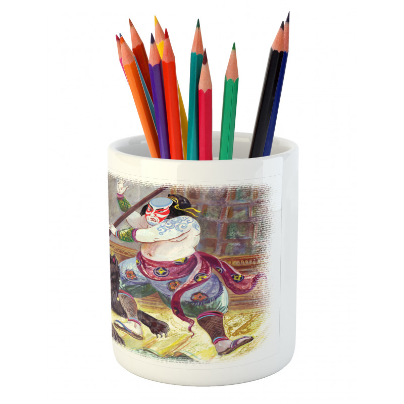 Brave Samurai and Wolf Pencil Pen Holder