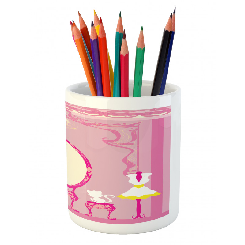 French Lady Cat Mirror Pencil Pen Holder