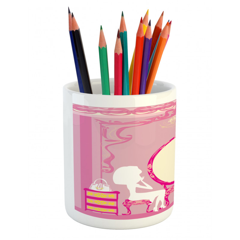 French Lady Cat Mirror Pencil Pen Holder