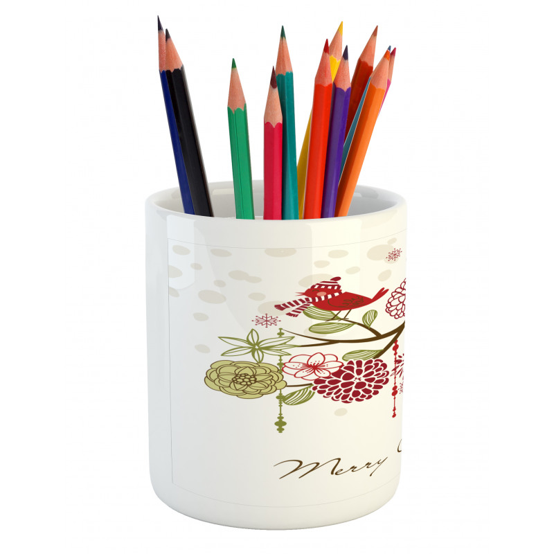 Red Bird Floral Tree Pencil Pen Holder