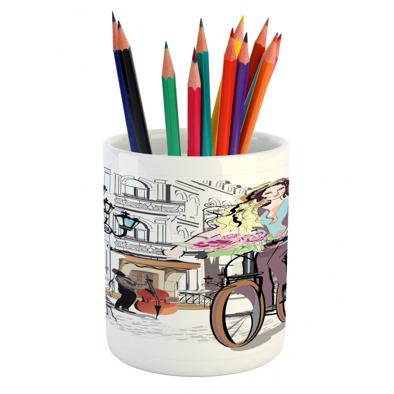 Lady Rides Bicycle Roses Pencil Pen Holder
