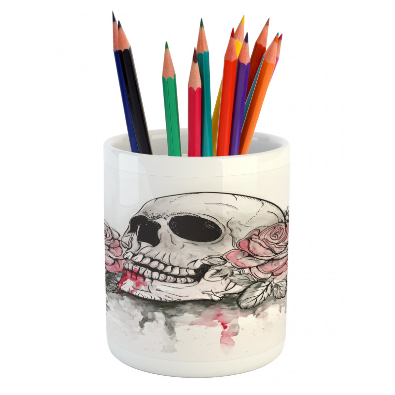 Skull Head Roses Pencil Pen Holder