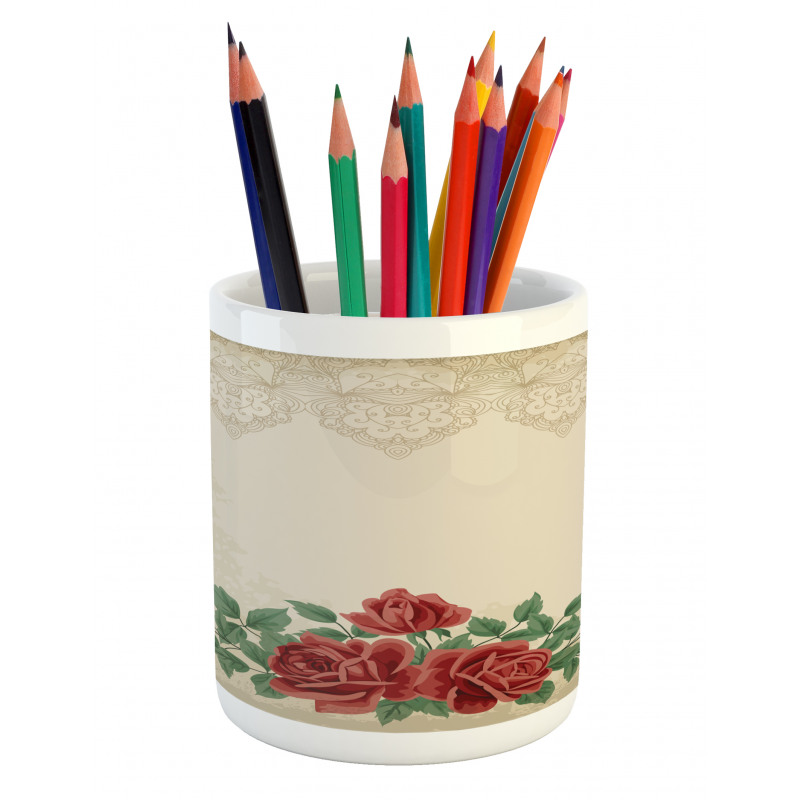 Vintage Love Red Roses Pencil Pen Holder