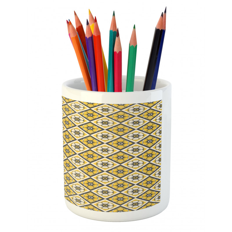 Yellow Tile Flowers Pencil Pen Holder