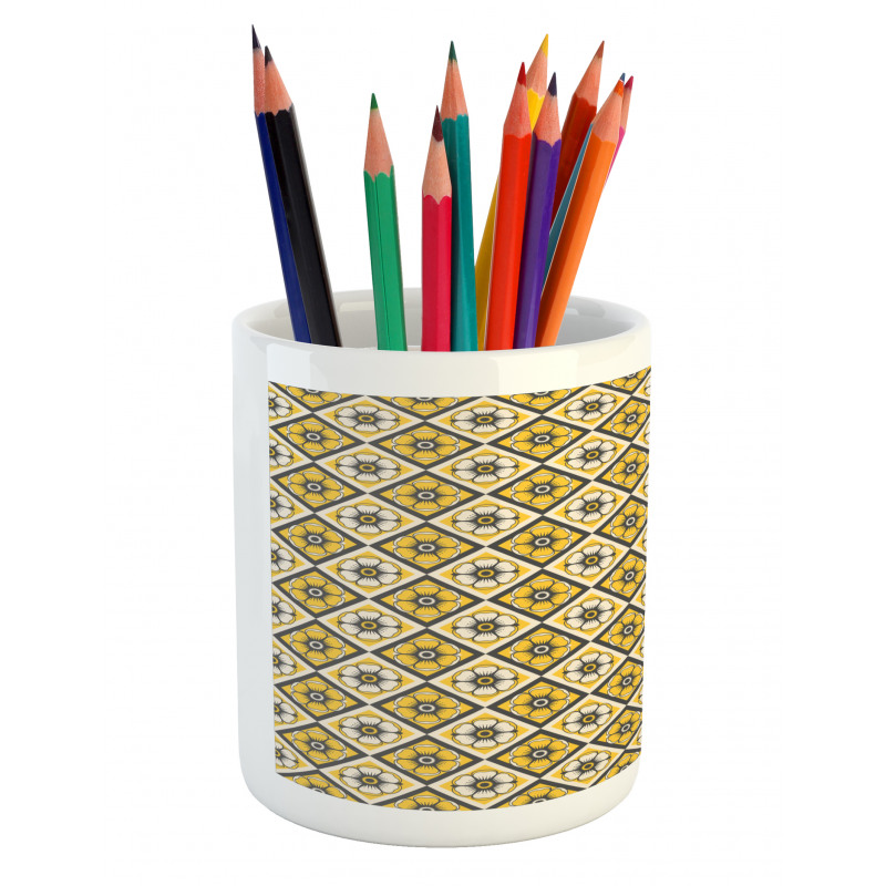 Yellow Tile Flowers Pencil Pen Holder