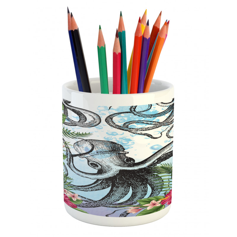 Tropic Hibiscus and Octopus Pencil Pen Holder