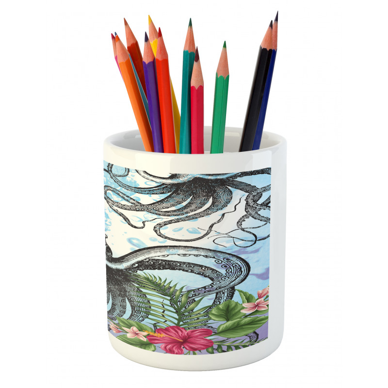 Tropic Hibiscus and Octopus Pencil Pen Holder