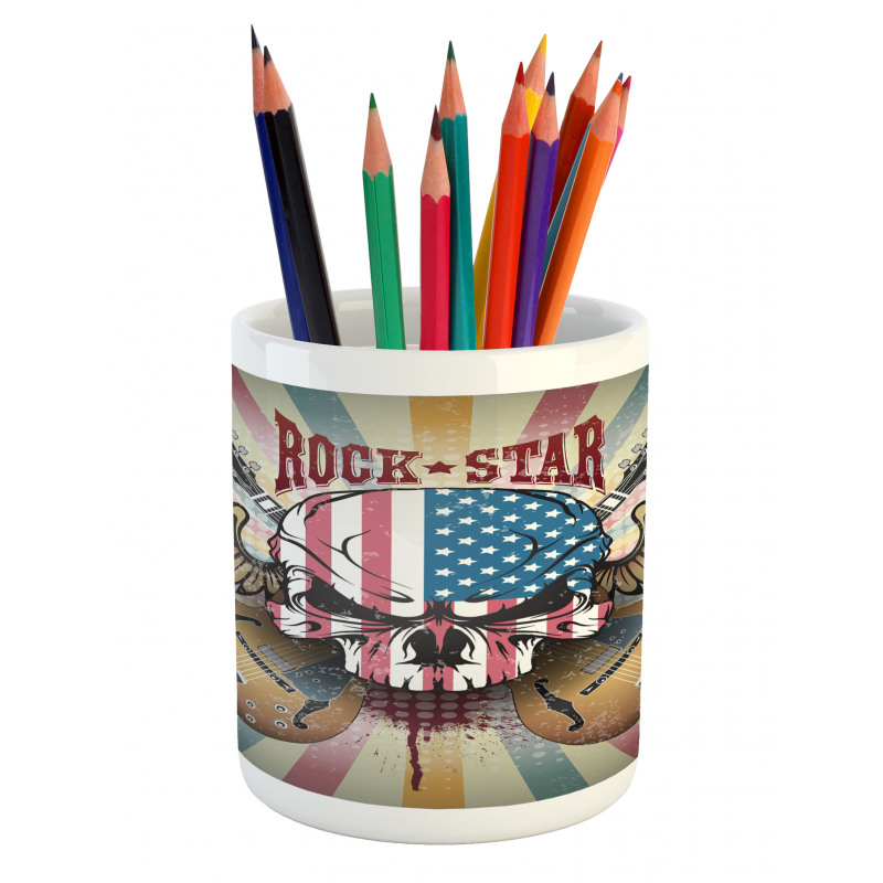 Angry Skull America Flag Pencil Pen Holder