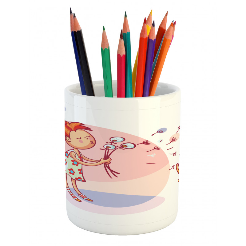 Cartoon Girl and Cat Pencil Pen Holder