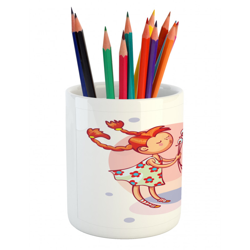 Cartoon Girl and Cat Pencil Pen Holder