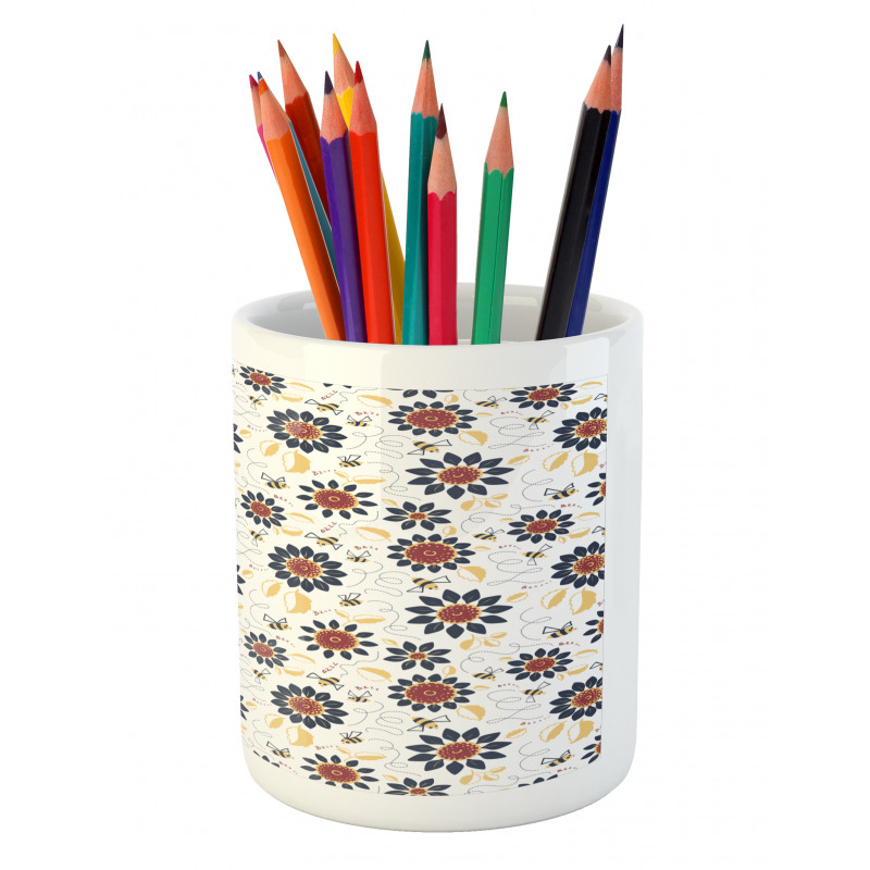 Sunflowers and Funny Bees Pencil Pen Holder