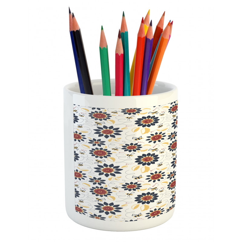 Sunflowers and Funny Bees Pencil Pen Holder