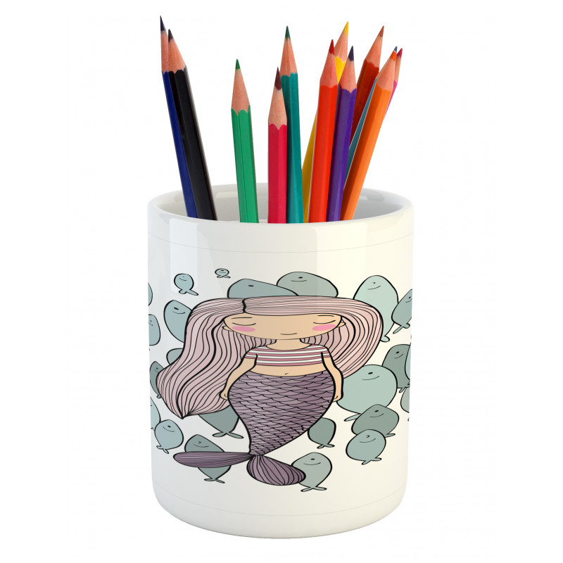 Cartoon Girl with Fish Pencil Pen Holder