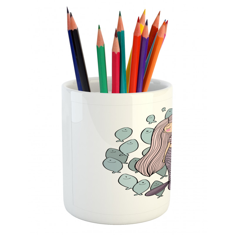 Cartoon Girl with Fish Pencil Pen Holder