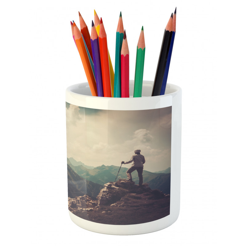 Woman Hiker on Top Pencil Pen Holder