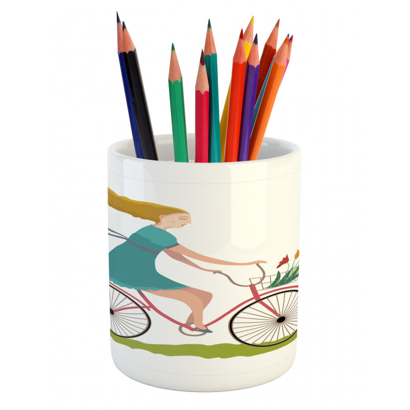 Woman on Bike Tulips Pencil Pen Holder