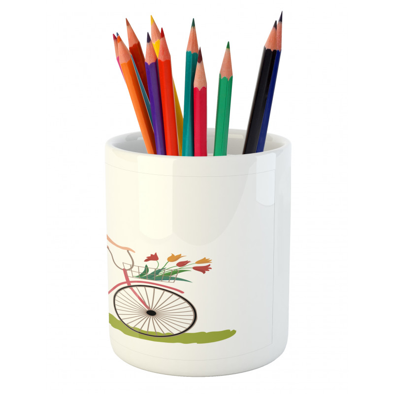 Woman on Bike Tulips Pencil Pen Holder