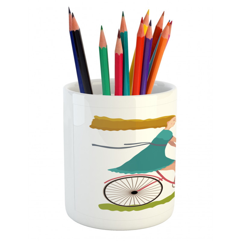 Woman on Bike Tulips Pencil Pen Holder