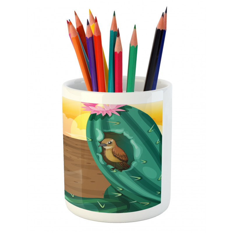 Desert Cactus and Bird Pencil Pen Holder